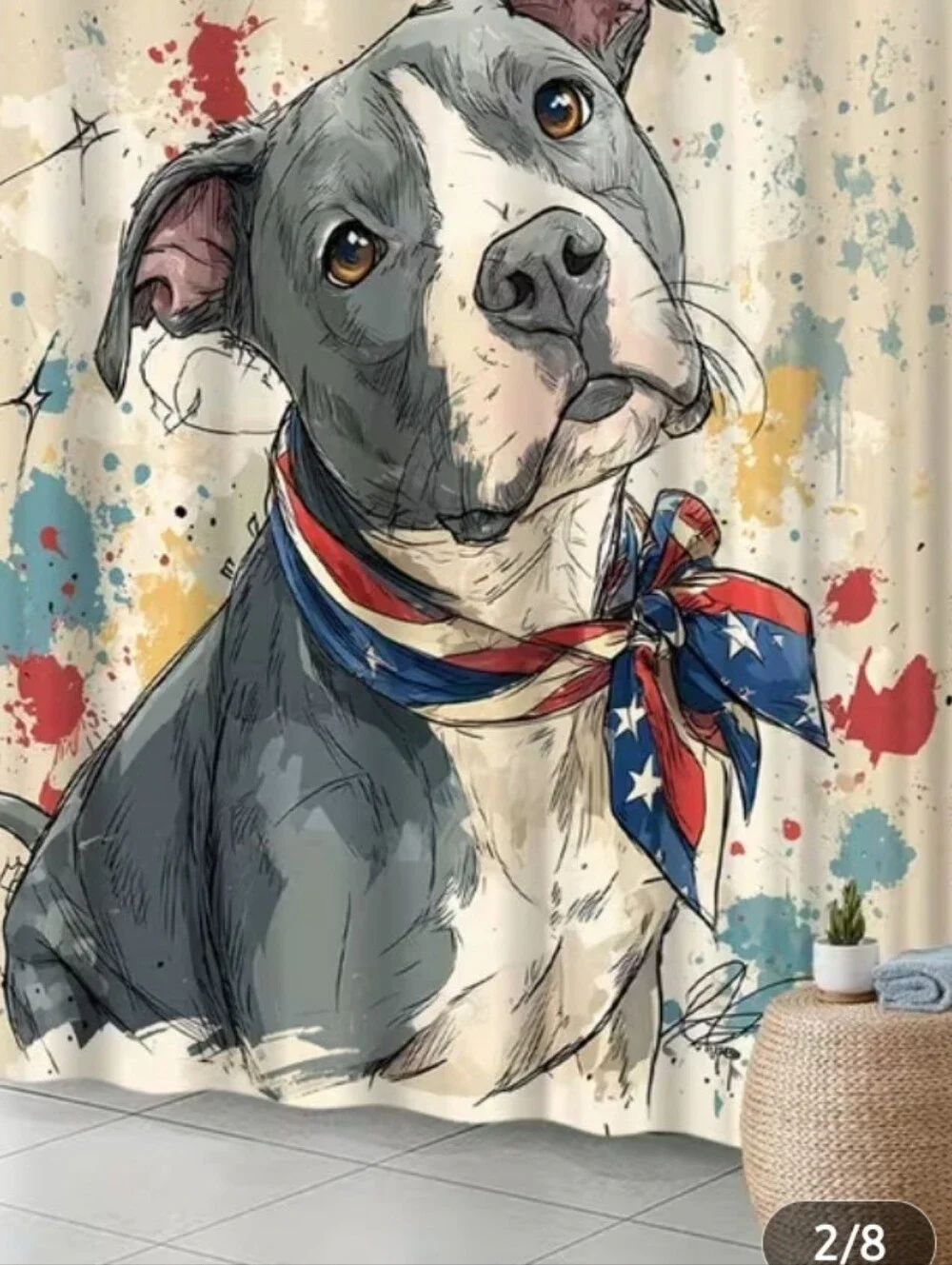 Brand New Grey Pitbull Patriotic Shower Curtain